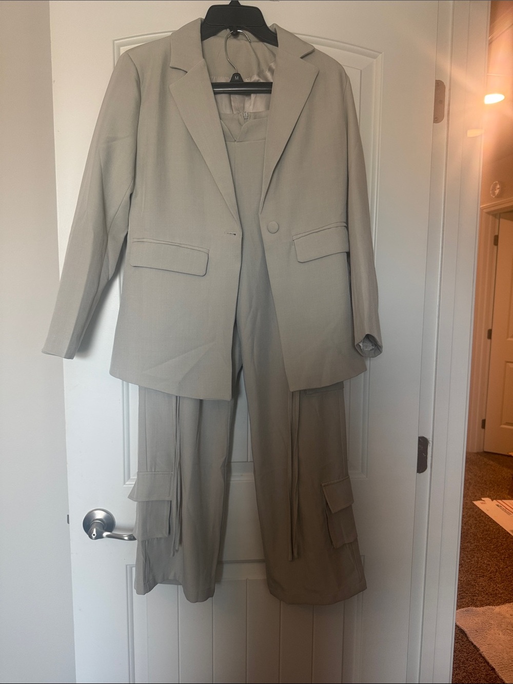 Light Beige Two-Piece Blazer and Cargo Pants Set